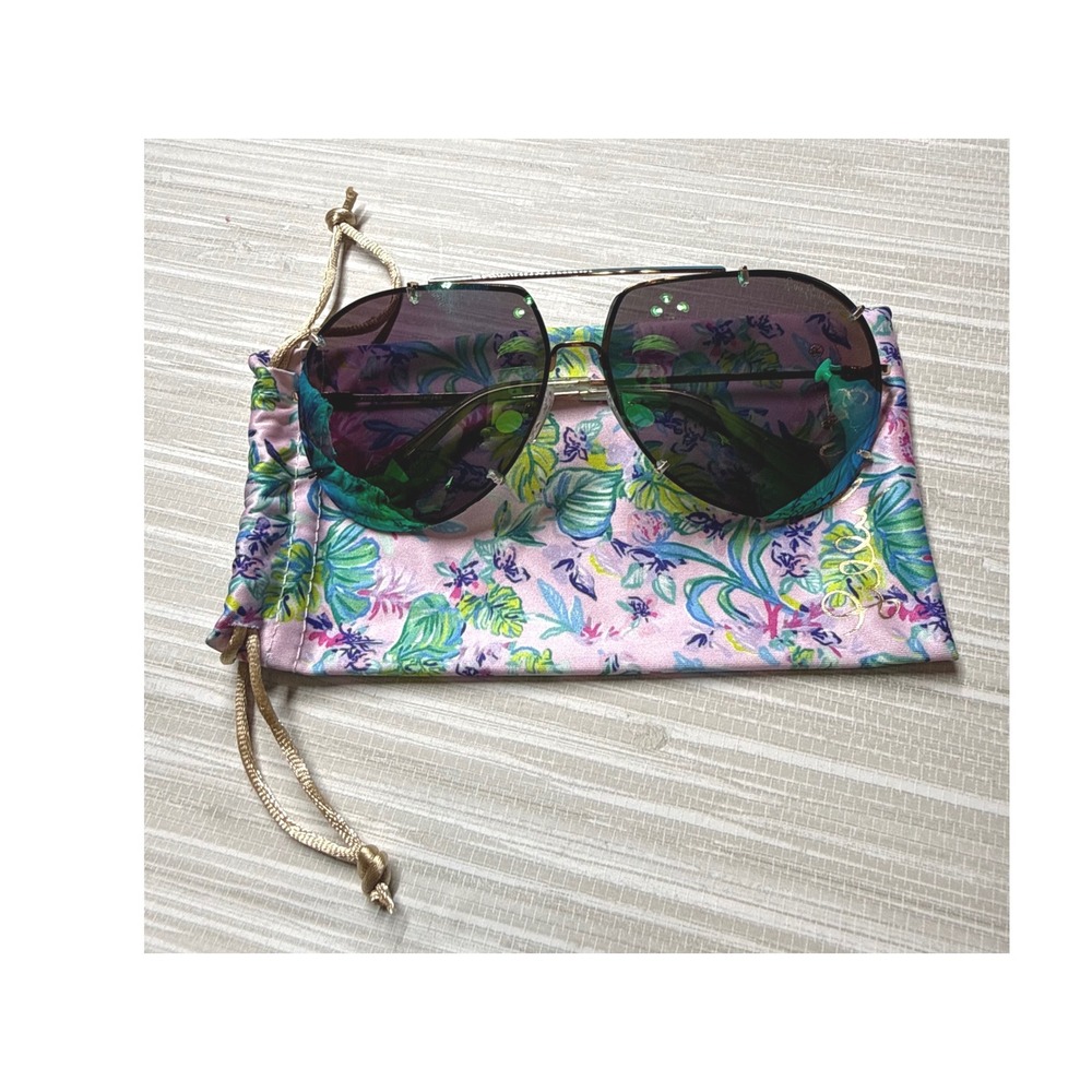 Lilly Pulitzer Adelia Polarized Sunglasses Gold Aviator Purple Floral Pouch 66mm
